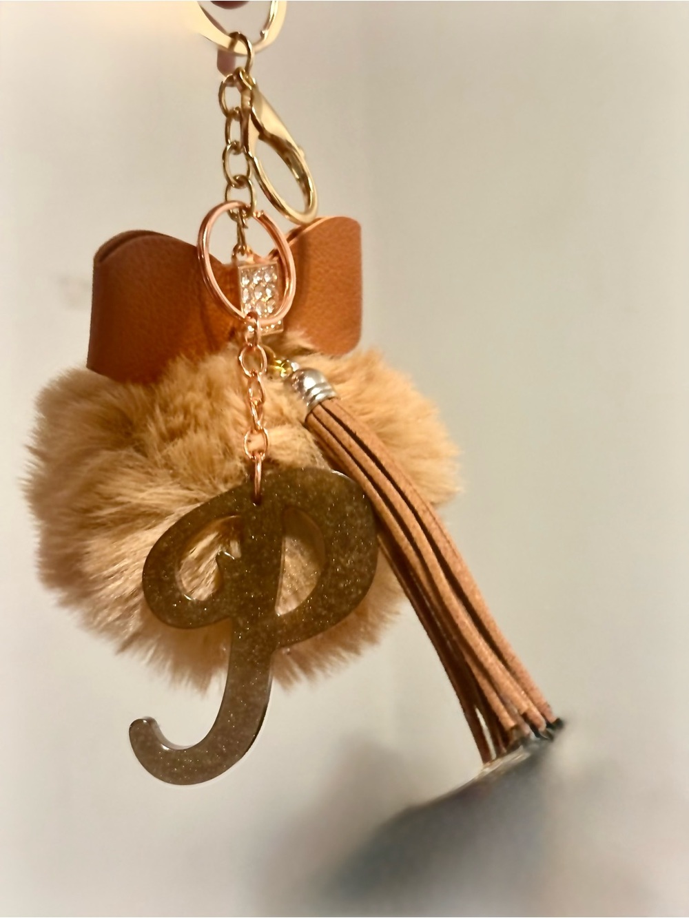Monogram choose your initial Faux Fur Pom Pom Keychain with Tassel - Brown